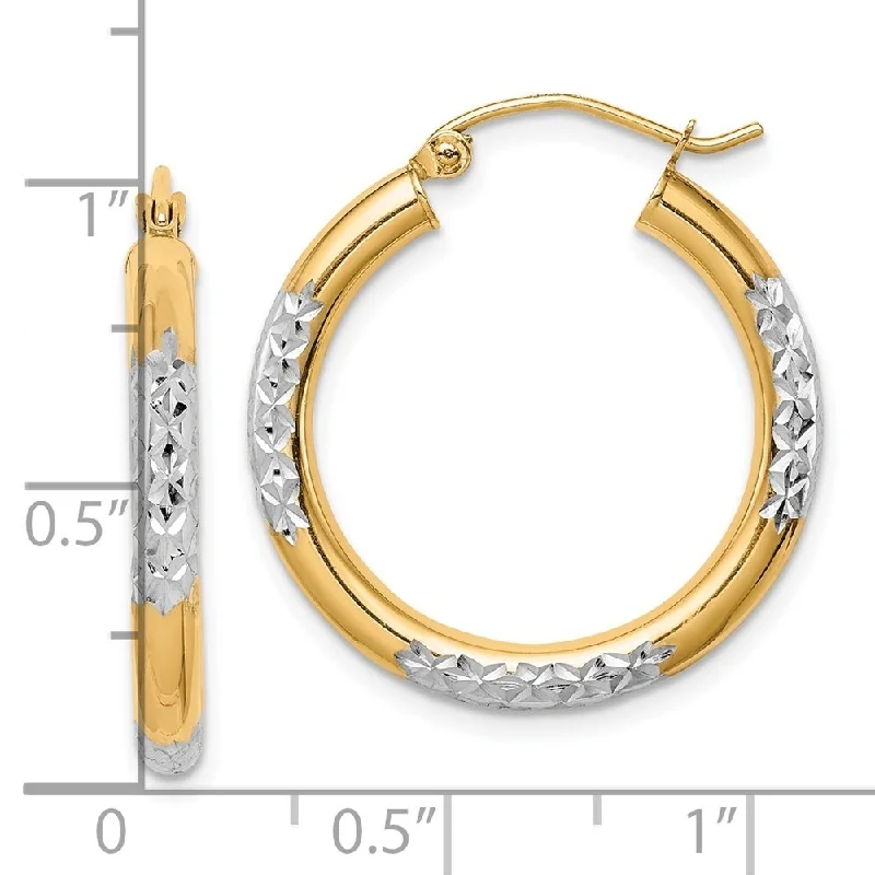 Diamond2Deal 10k Yellow Gold with Rhodium Diamond Cut 3mm Hoop Earrings (L-25mm, W-25mm)