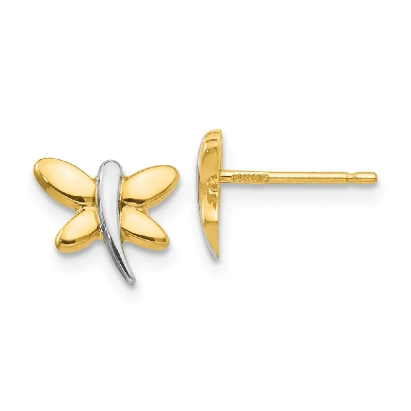 Diamond2Deal 14k Yellow Gold with Rhodium Polished Dragonfly Post Stud Earrings (L-10mm, W-8mm)