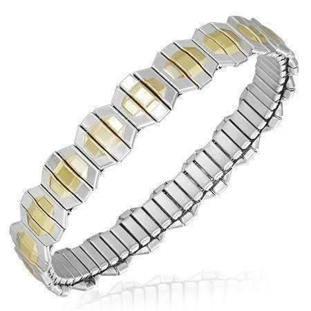 Structured Thin Two Tone 18K Gold Plated Stainless Steel Stretch Link Bracelet