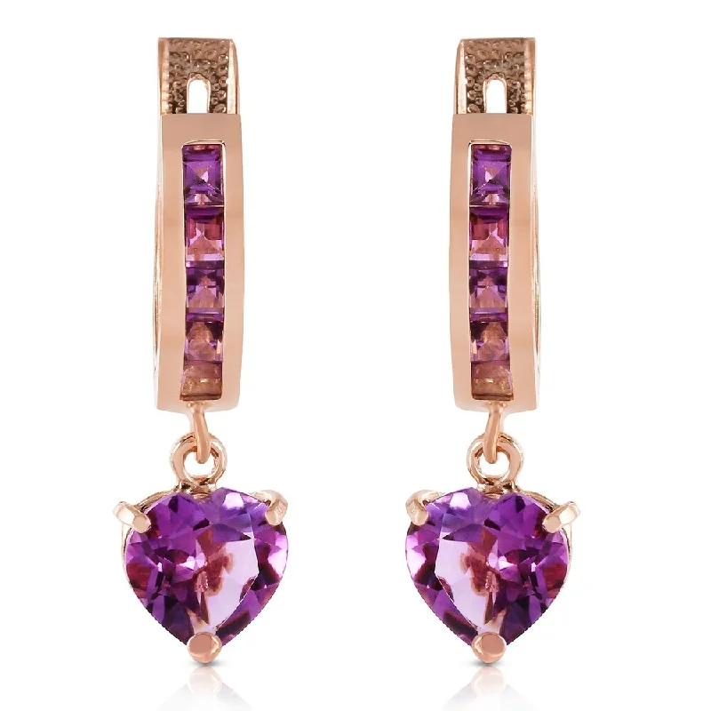 3.2 Carat 14K Solid Rose Gold V-shape Hoop Earrings Heart Amethyst