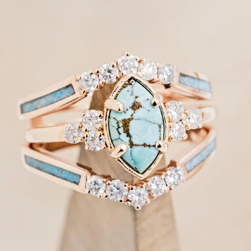 "RAYA" - MARQUISE CABOCHON CUT TURQUOISE ENGAGEMENT RING WITH DIAMOND ACCENTS & RING GUARD