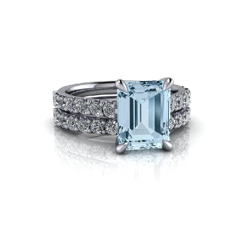 3.00 CTW Emerald Cut Aquamarine & Diamond Bridal Set