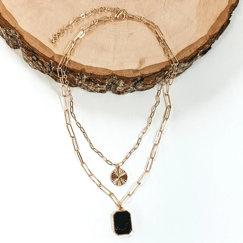 Double Layered Gold Paperclip Chain with Semi Precious Stone Pendant in Black