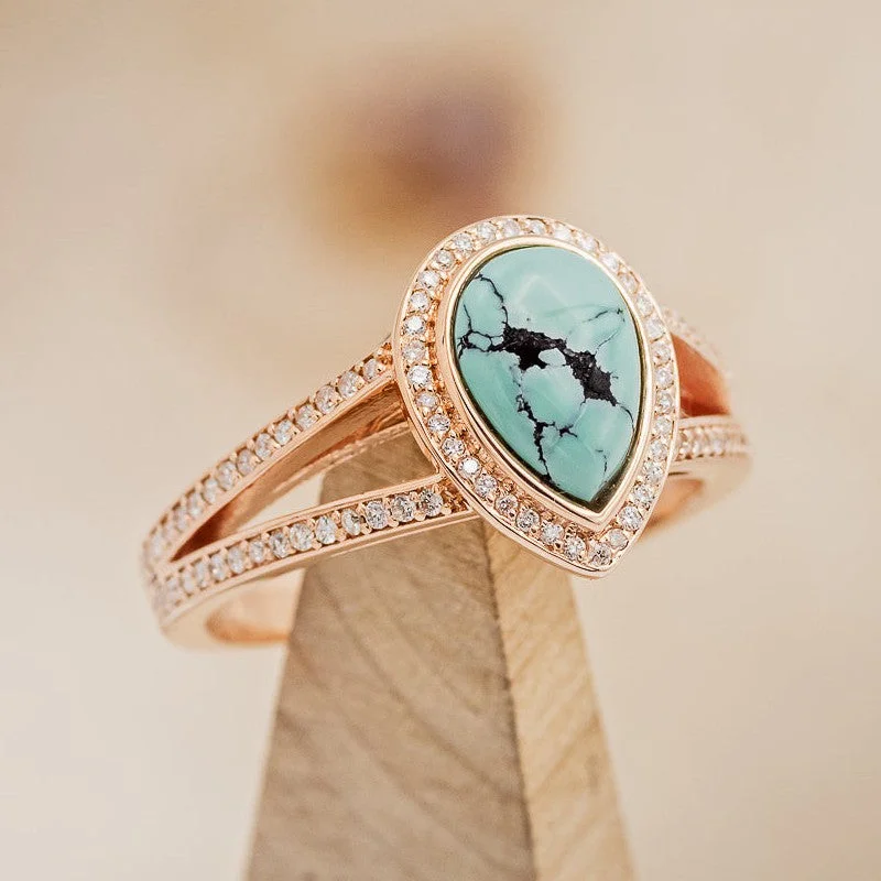 SPLIT SHANK PEAR CUT TURQUOISE ENGAGEMENT RING WITH DIAMOND HALO & ACCENTS